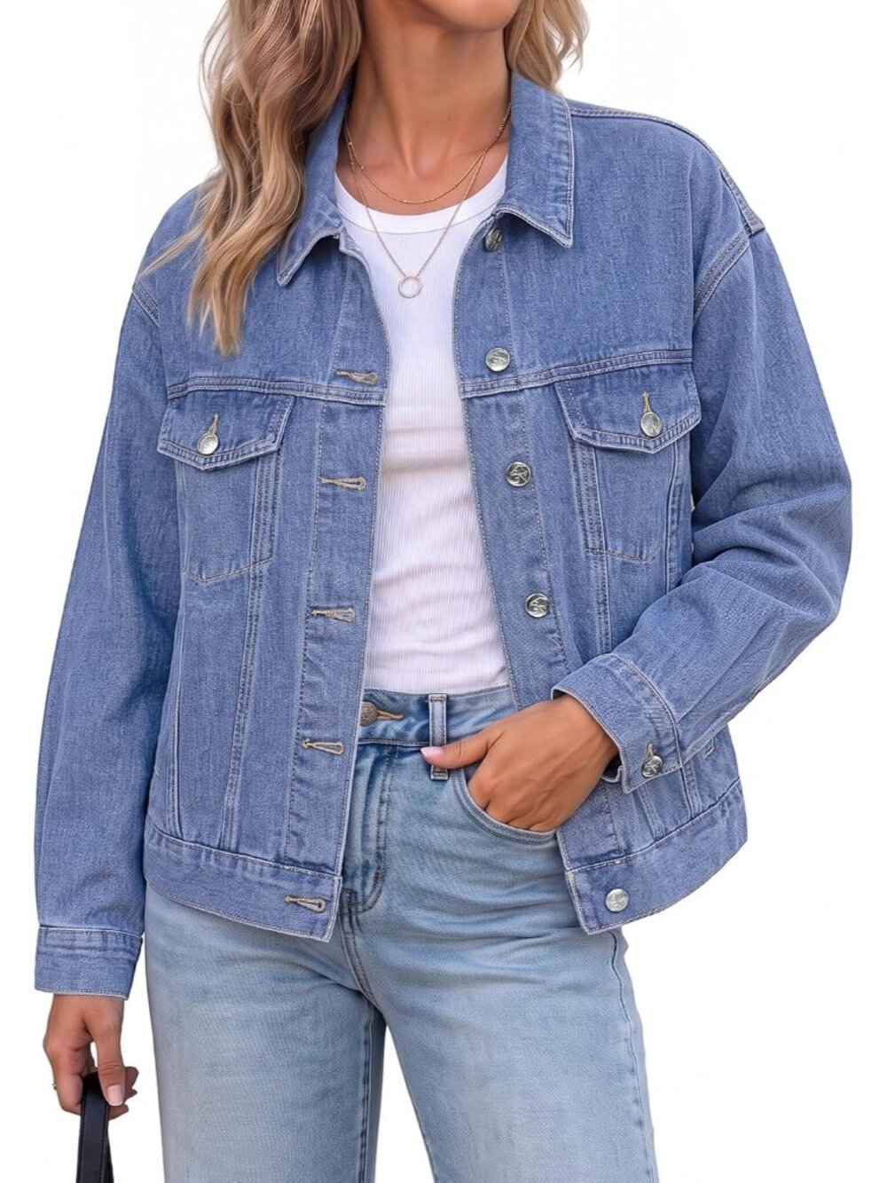 Women’s Lakeside Blue Oversized Button Up Classic Casual Denim Jean Jacket